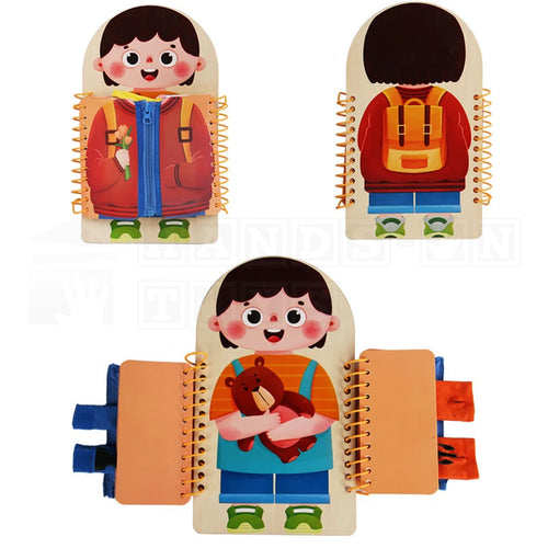 ZipMan™ Dressing Wooden Busy Board learning toy by Hands-On Toys