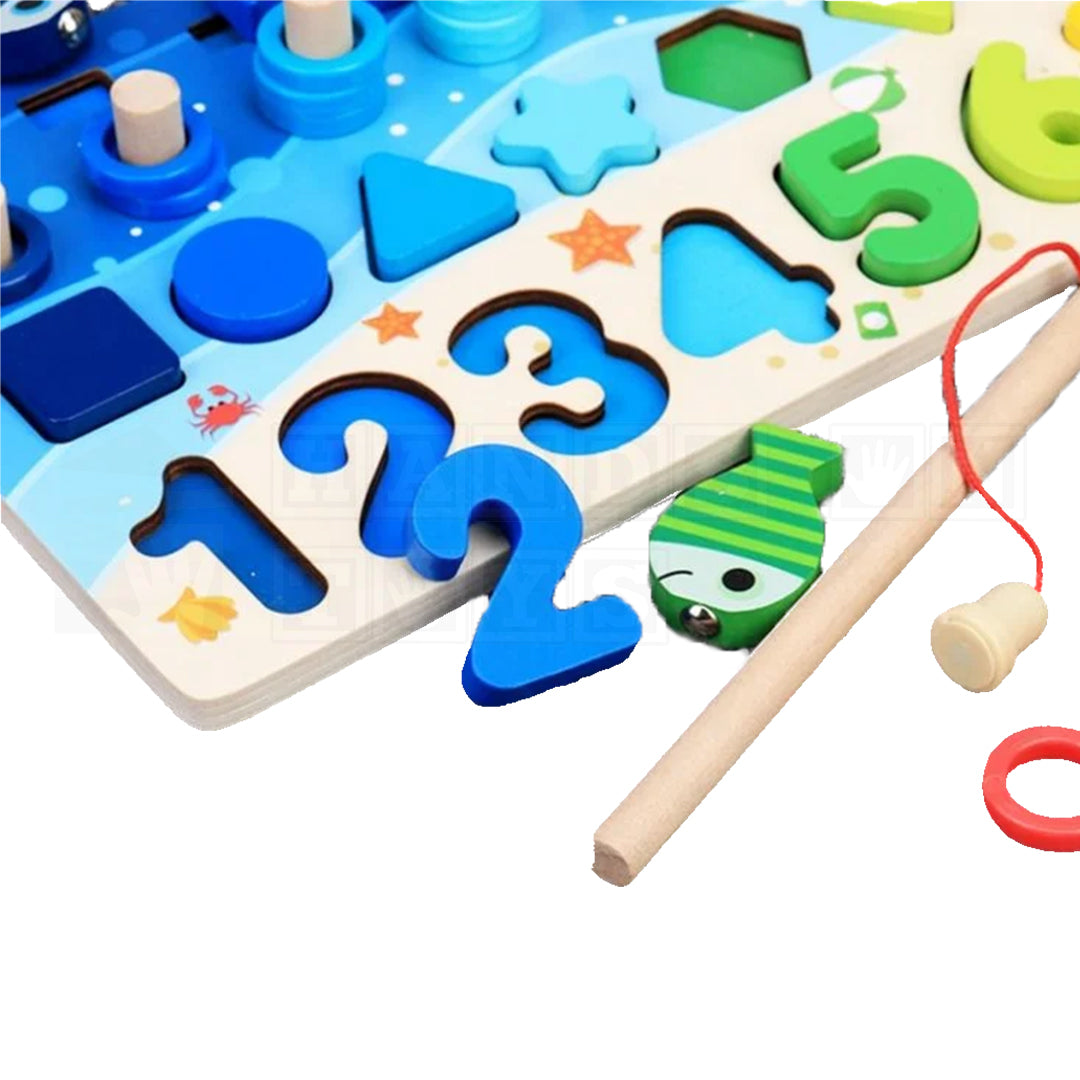 Child playing with MultiBoards™ Montessori Busy Boards, featuring various interactive elements like numbers, letters, color sorting rings, fishing game and gears designed to enhance fine motor skills, learn language and math skills and cognitive development.