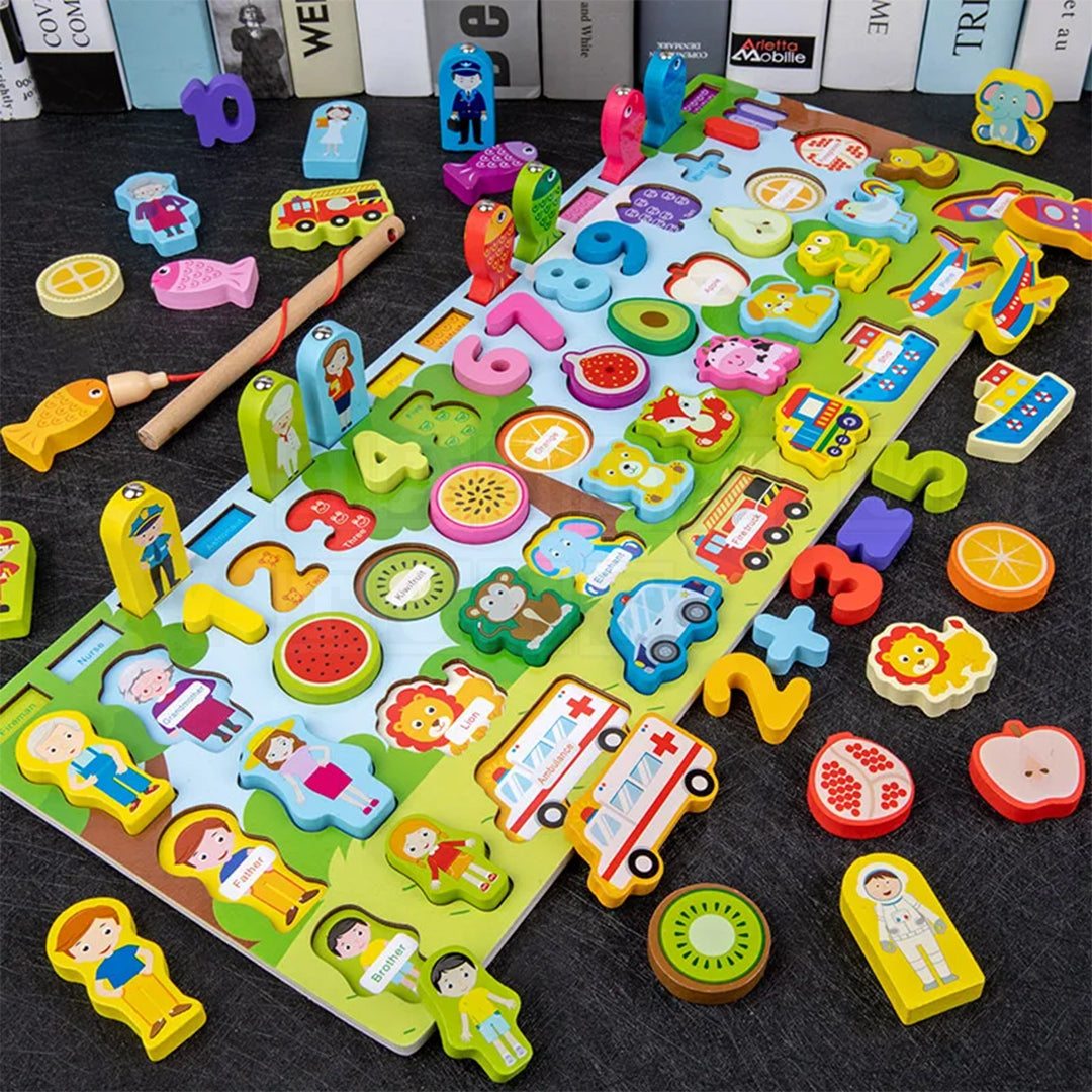 Child playing with MultiBoards™ Montessori Busy Boards, featuring various interactive elements like numbers, letters, color sorting rings, fishing game and gears designed to enhance fine motor skills, learn language and math skills and cognitive development.