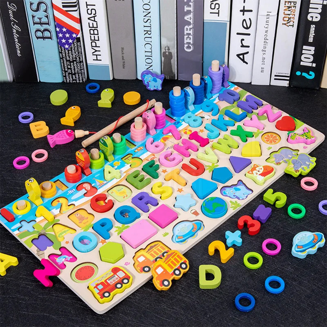 Child playing with MultiBoards™ Montessori Busy Boards, featuring various interactive elements like numbers, letters, color sorting rings, fishing game and gears designed to enhance fine motor skills, learn language and math skills and cognitive development.