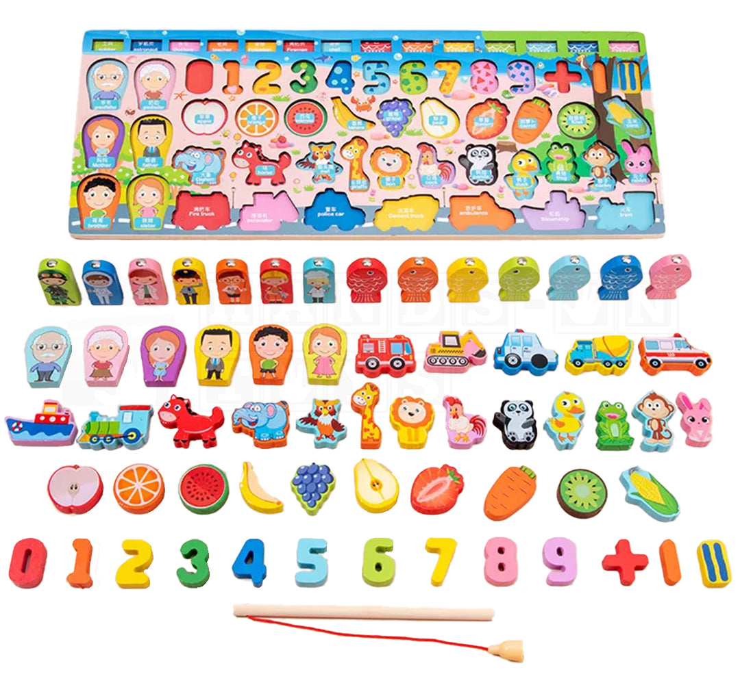 Child playing with MultiBoards™ Montessori Busy Boards, featuring various interactive elements like numbers, letters, color sorting rings, fishing game and gears designed to enhance fine motor skills, learn language and math skills and cognitive development.