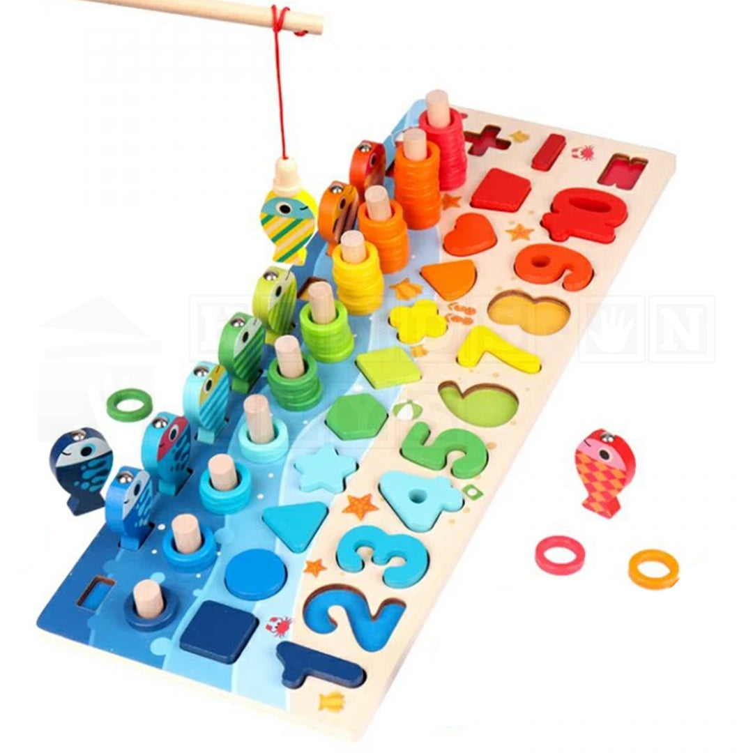 Child playing with MultiBoards™ Montessori Busy Boards, featuring various interactive elements like numbers, letters, color sorting rings, fishing game and gears designed to enhance fine motor skills, learn language and math skills and cognitive development.