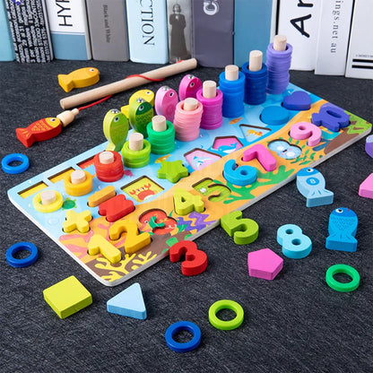 Child playing with MultiBoards™ Montessori Busy Boards, featuring various interactive elements like numbers, letters, color sorting rings, fishing game and gears designed to enhance fine motor skills, learn language and math skills and cognitive development.