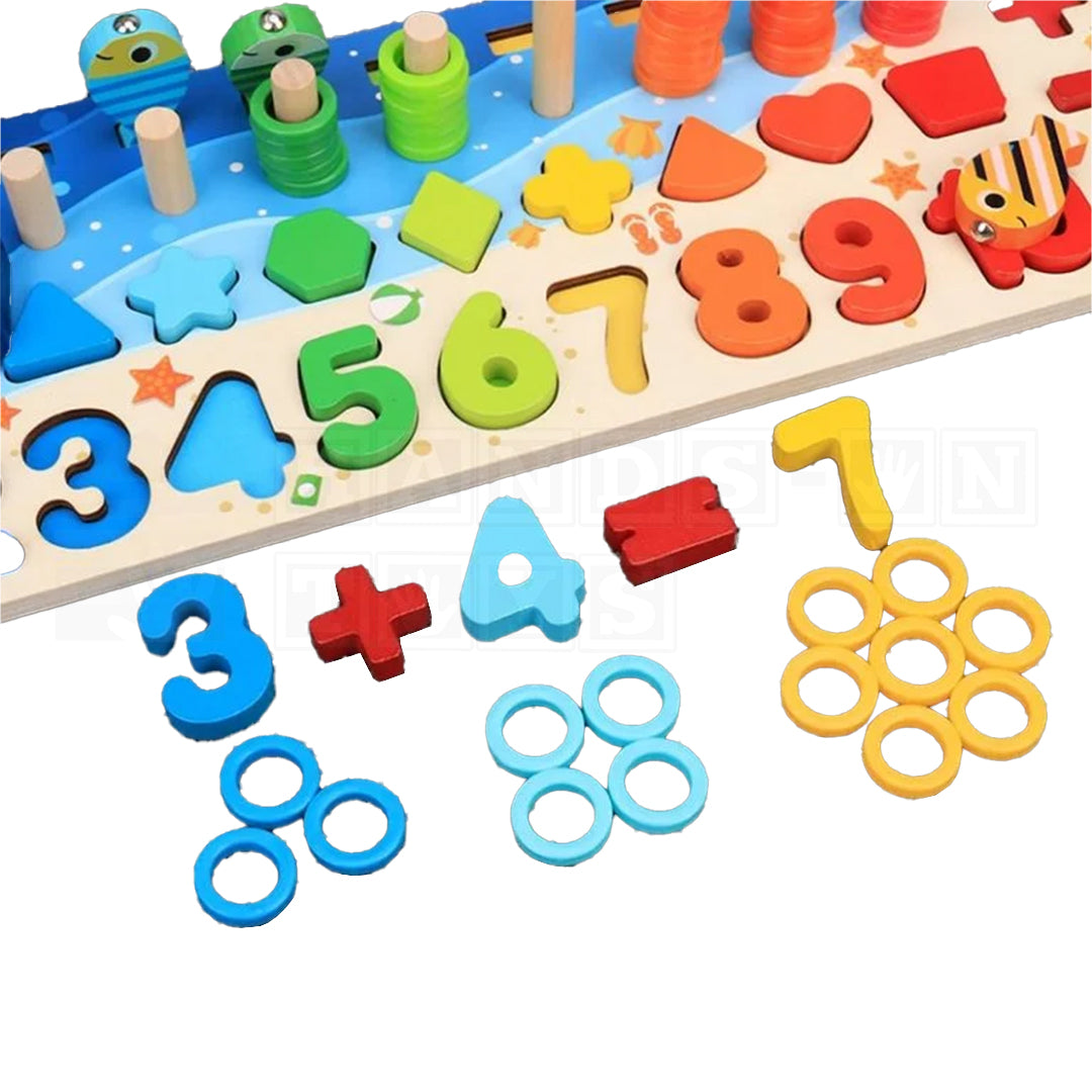 Child playing with MultiBoards™ Montessori Busy Boards, featuring various interactive elements like numbers, letters, color sorting rings, fishing game and gears designed to enhance fine motor skills, learn language and math skills and cognitive development.